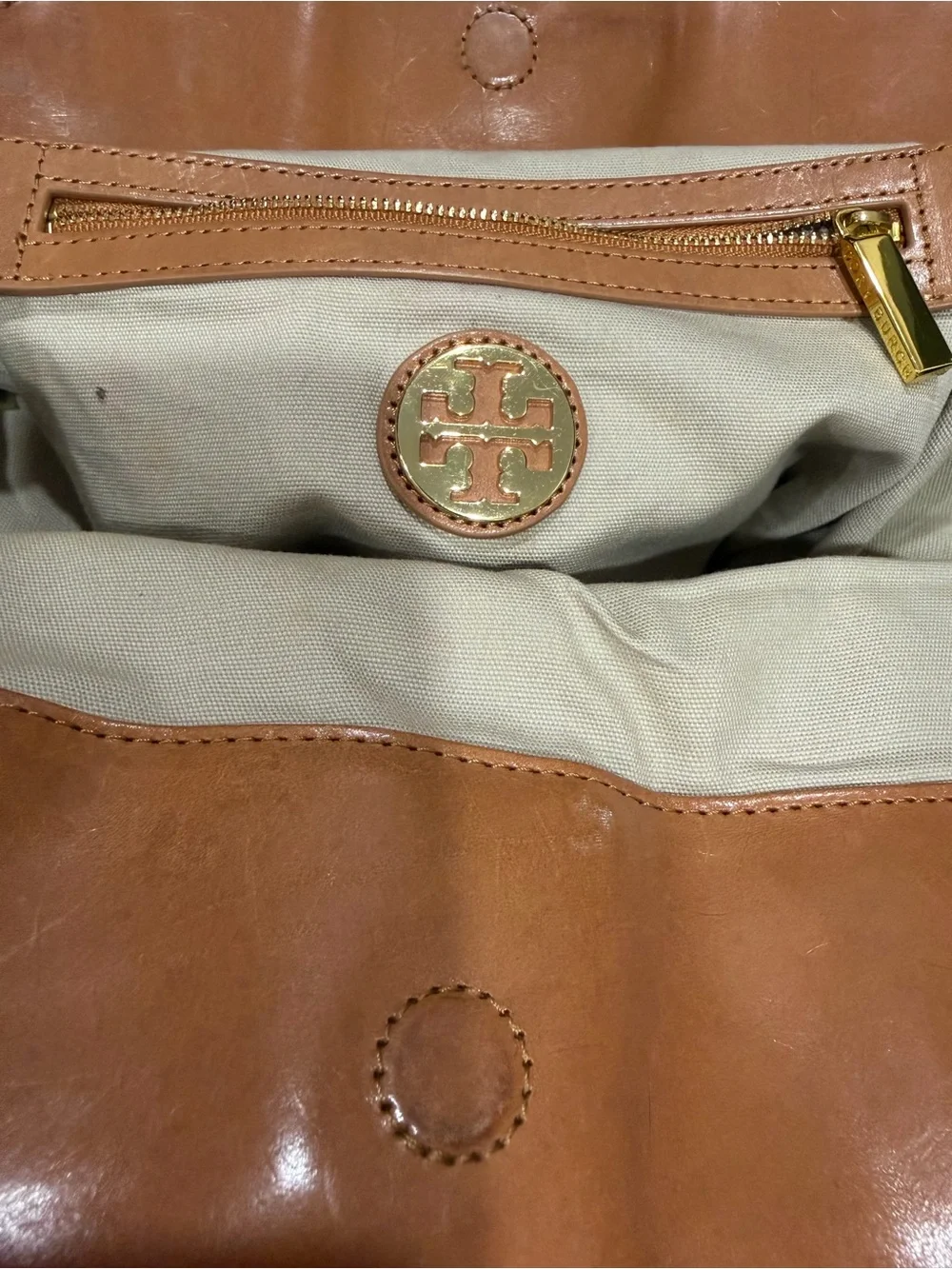 Tory Burch Cream Canvas and Tan Leather Tote